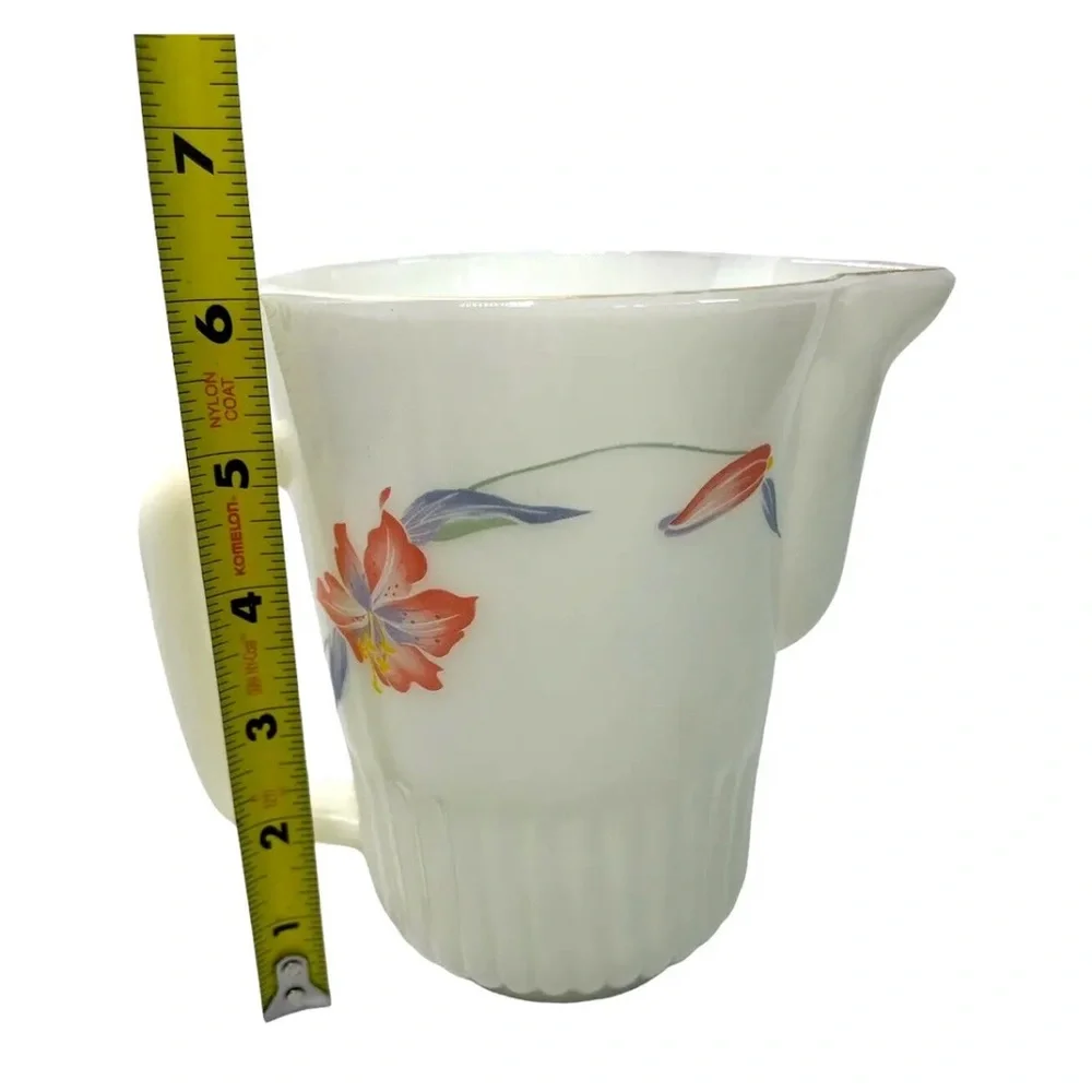 Neolex By Crystal Gold Rim Pitcher Oven Proof Opaque Milk Glass Floral Lily Vtg
